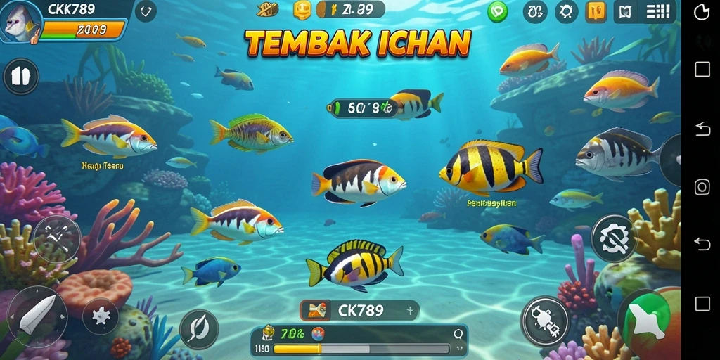 Screenshot gameplay CK789 dengan aksi menembak ikan yang mendebarkan.