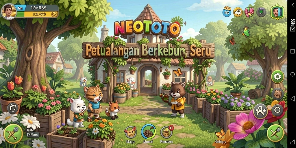 Screenshot NEOTOTO menampilkan petani menikmati panen di kebun.