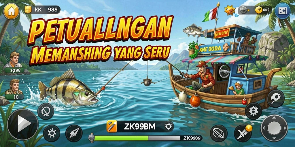 Tampilan gameplay seru dari ZK988 saat memancing di lokasi indah.